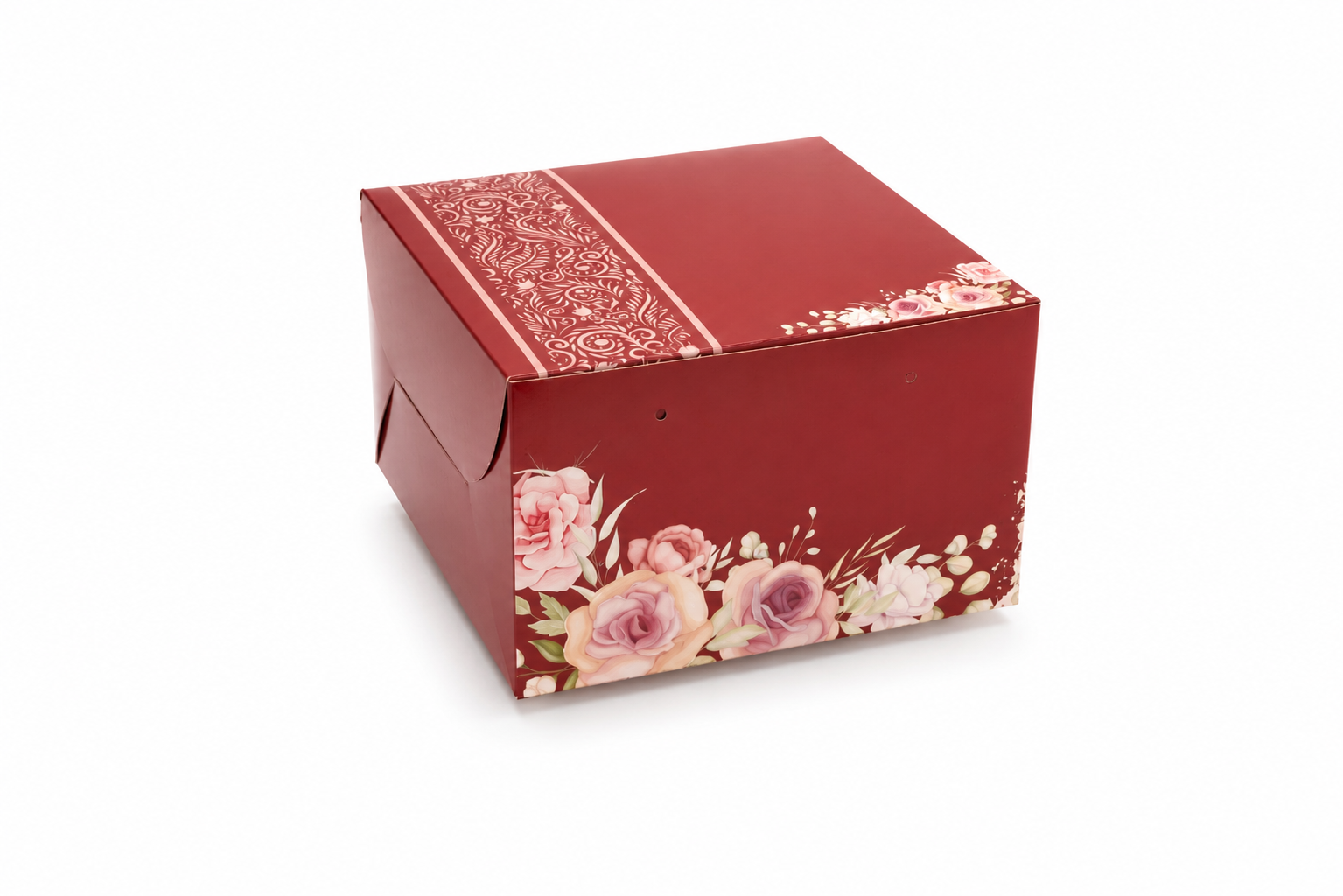 Deep red cake box printed with a pink rose and decorative border